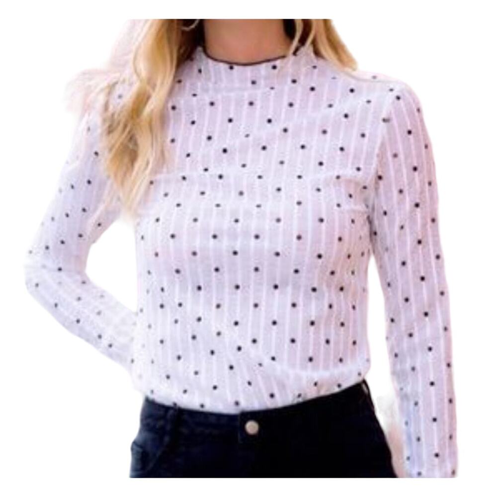Blue Lemon Womens Shear Black Polka Dot Long Sleeve Top Size S NWT